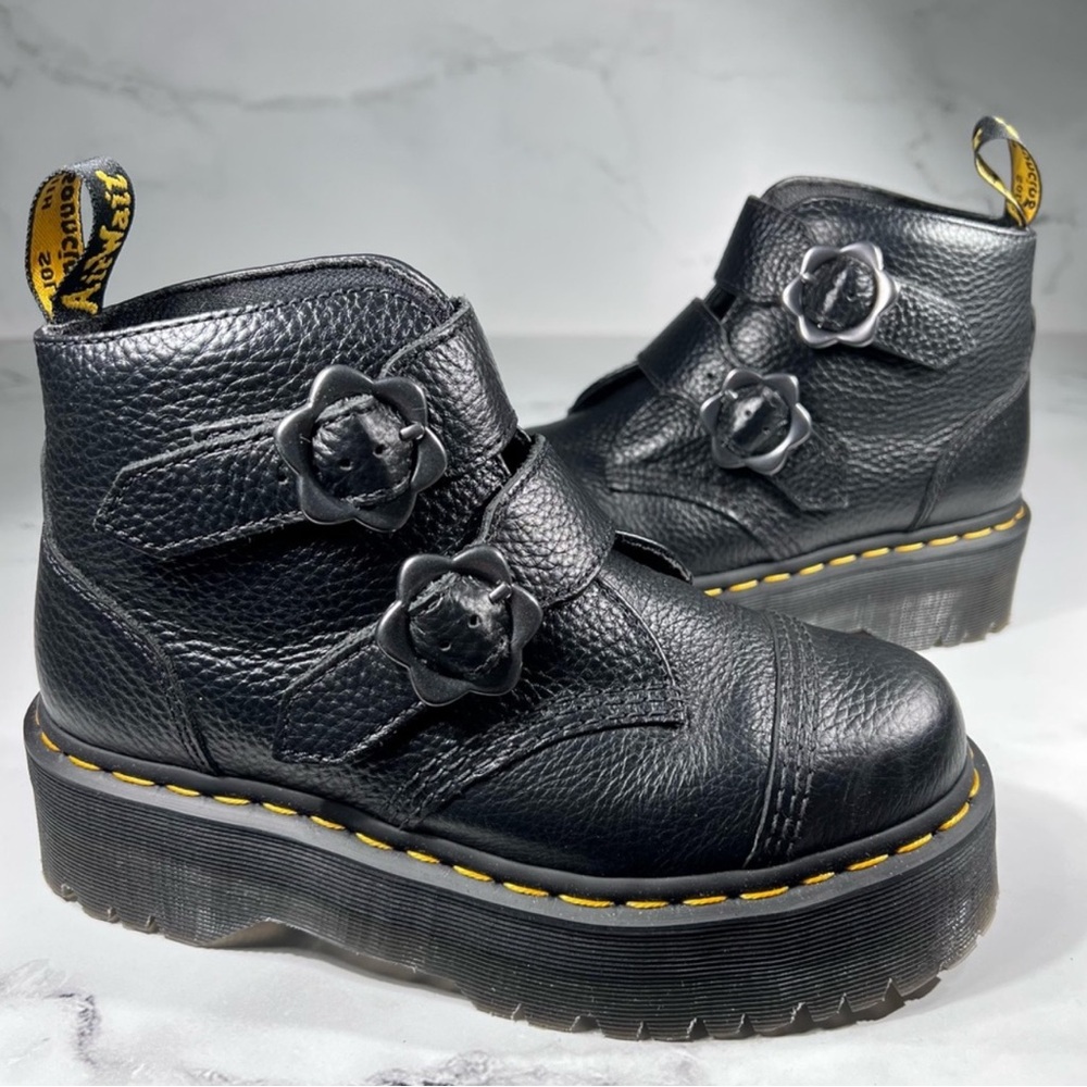 Dr Martens Devon Flower Milled Nappa Black Leather Platform Combat Boots